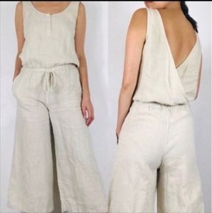 Cloth & Stone 100% Linen Wide Leg Open Back Jumpsuit Oatmeal Cream M